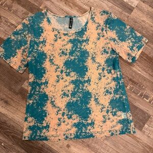 Sterling Kreek Teal & Beige Tie Dye Print mesh Top Women’s Large NWOT